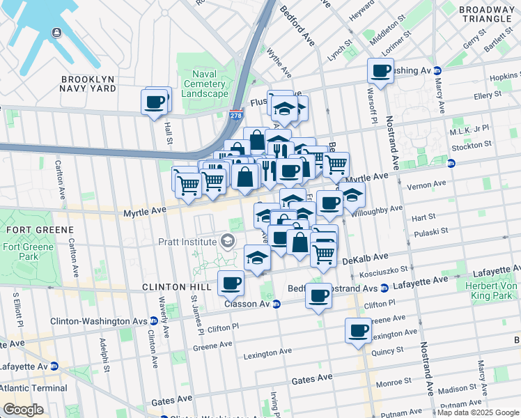 map of restaurants, bars, coffee shops, grocery stores, and more near 212 Classon Avenue in Brooklyn