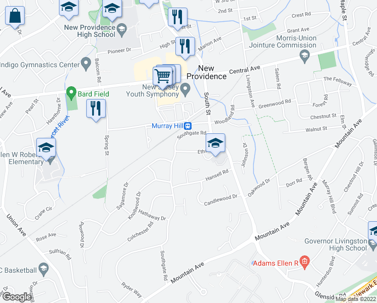 map of restaurants, bars, coffee shops, grocery stores, and more near 47 Ethan Drive in New Providence