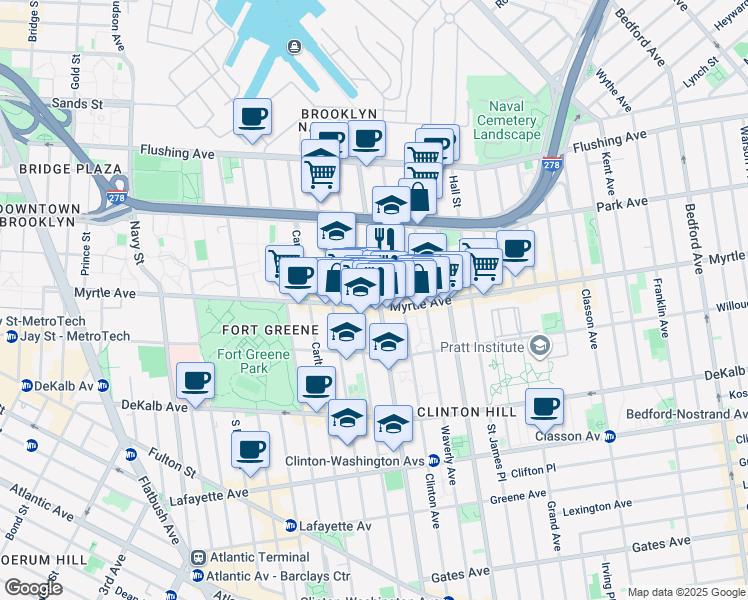 map of restaurants, bars, coffee shops, grocery stores, and more near 132 Clinton Avenue in Brooklyn