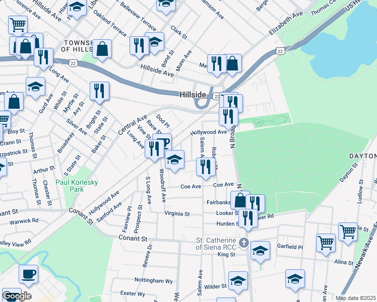map of restaurants, bars, coffee shops, grocery stores, and more near 1269 Miriam Place in Hillside