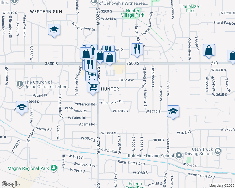 map of restaurants, bars, coffee shops, grocery stores, and more near 3628 Peach Flower Lane in West Valley City