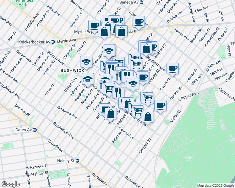 map of restaurants, bars, coffee shops, grocery stores, and more near 1334 Jefferson Avenue in Brooklyn