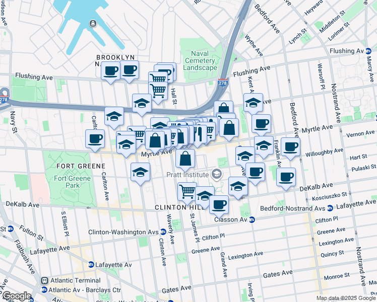 map of restaurants, bars, coffee shops, grocery stores, and more near 490 Myrtle Avenue in Brooklyn