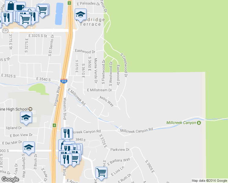 map of restaurants, bars, coffee shops, grocery stores, and more near 3788 East Millstream Drive in Salt Lake City