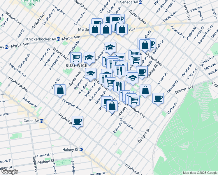 map of restaurants, bars, coffee shops, grocery stores, and more near 1328 Putnam Avenue in Brooklyn