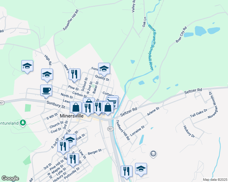 map of restaurants, bars, coffee shops, grocery stores, and more near 419 North Delaware Avenue in Minersville