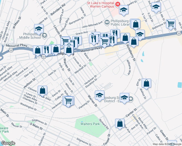 map of restaurants, bars, coffee shops, grocery stores, and more near 372 Prospect Street in Phillipsburg