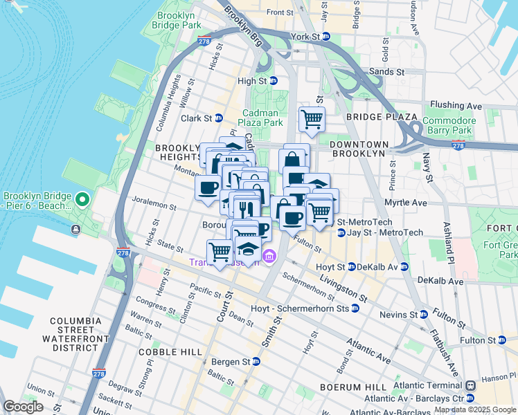 map of restaurants, bars, coffee shops, grocery stores, and more near 26 Court Street in Brooklyn