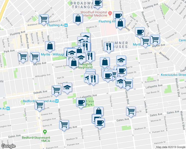 map of restaurants, bars, coffee shops, grocery stores, and more near 150 Hart Street in Brooklyn