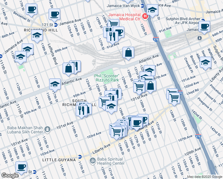 map of restaurants, bars, coffee shops, grocery stores, and more near 95-22 126th Street in Queens