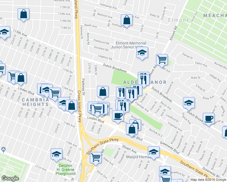 map of restaurants, bars, coffee shops, grocery stores, and more near 714 239th Street in Elmont