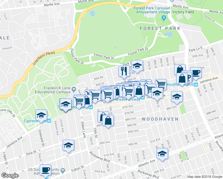 map of restaurants, bars, coffee shops, grocery stores, and more near 86-05 79th Street in Queens