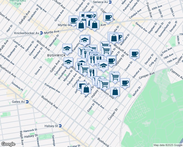 map of restaurants, bars, coffee shops, grocery stores, and more near 1336 Jefferson Avenue in Brooklyn