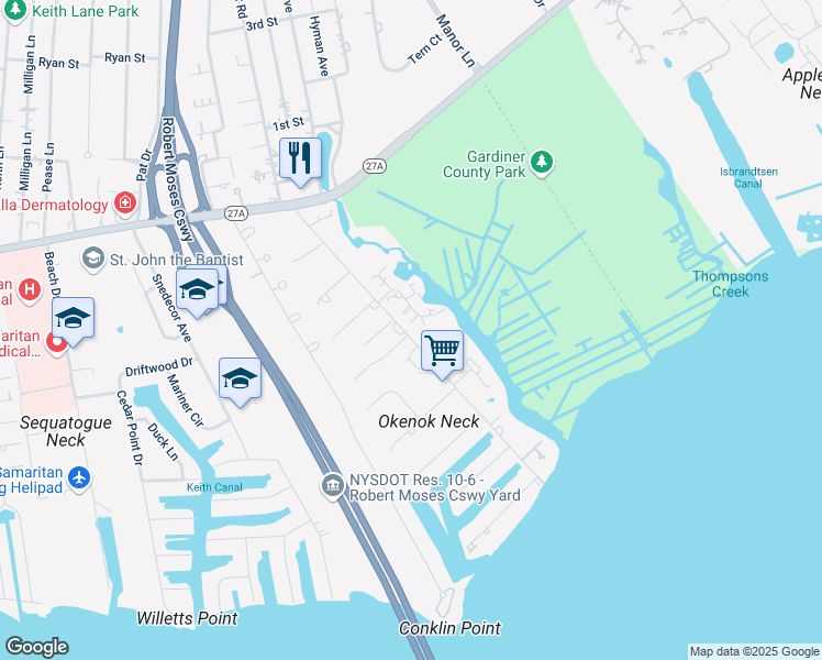 map of restaurants, bars, coffee shops, grocery stores, and more near 22 True Harbour Way in West Islip