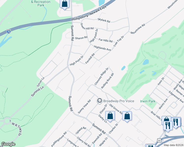 map of restaurants, bars, coffee shops, grocery stores, and more near 23 Vista Way in Springfield