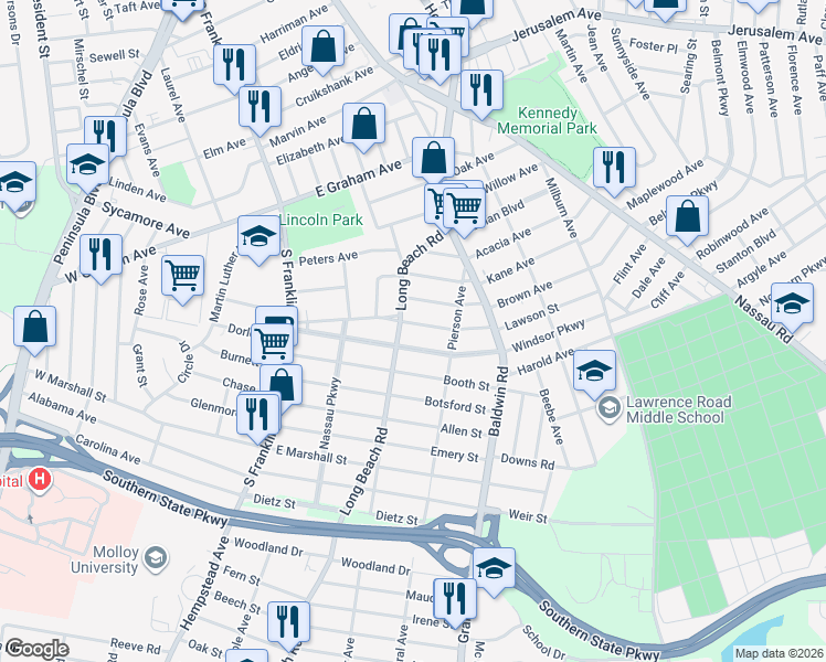 map of restaurants, bars, coffee shops, grocery stores, and more near 112 Lawson Street in Hempstead