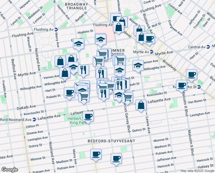 map of restaurants, bars, coffee shops, grocery stores, and more near 221 Pulaski Street in Brooklyn