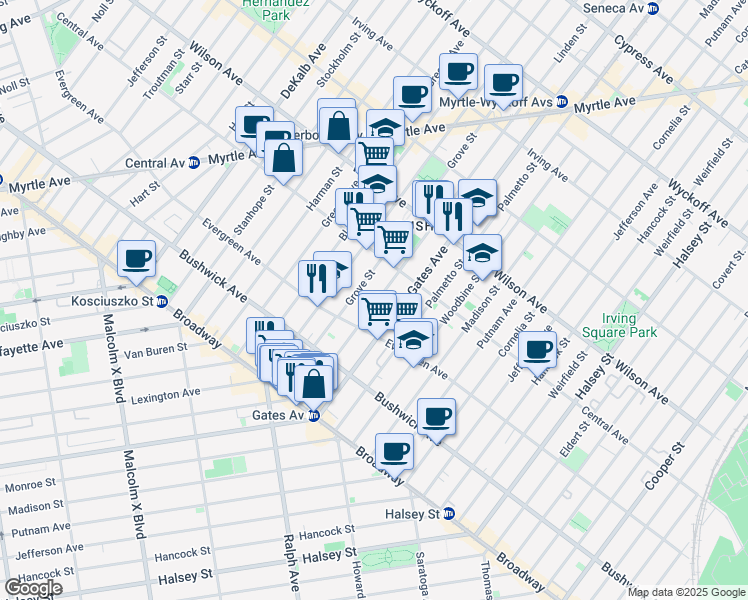 map of restaurants, bars, coffee shops, grocery stores, and more near 120 Grove Street in Brooklyn
