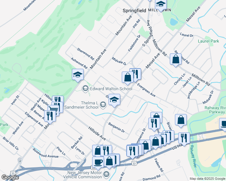 map of restaurants, bars, coffee shops, grocery stores, and more near 50 Meckes Street in Springfield