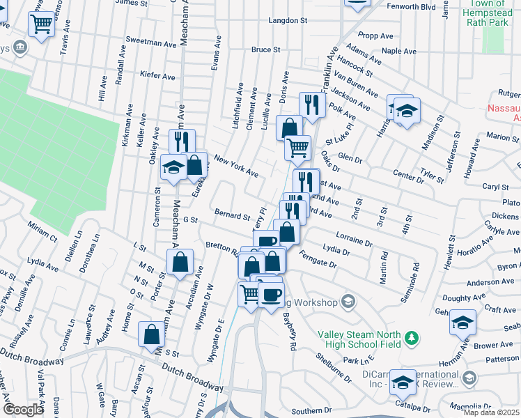 map of restaurants, bars, coffee shops, grocery stores, and more near 570 Terry Place in Valley Stream