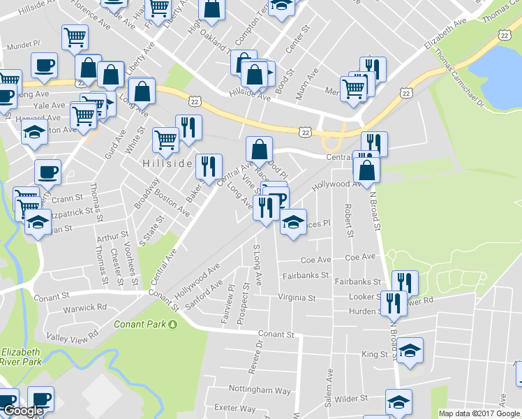 map of restaurants, bars, coffee shops, grocery stores, and more near 230 Pennsylvania Avenue in Hillside