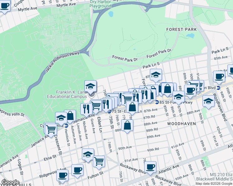 map of restaurants, bars, coffee shops, grocery stores, and more near 85-61 76th Street in Queens