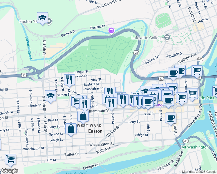 map of restaurants, bars, coffee shops, grocery stores, and more near 714 Bushkill Street in Easton