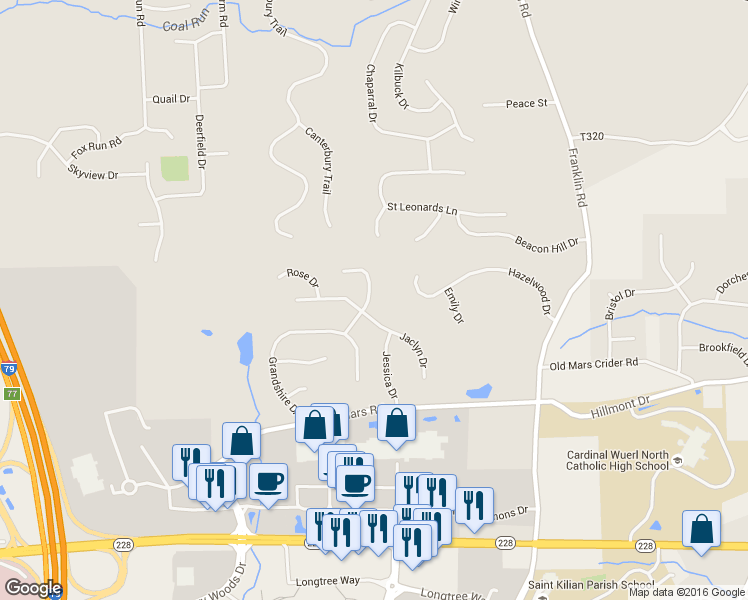 map of restaurants, bars, coffee shops, grocery stores, and more near 302 Cosette Drive in Cranberry Township