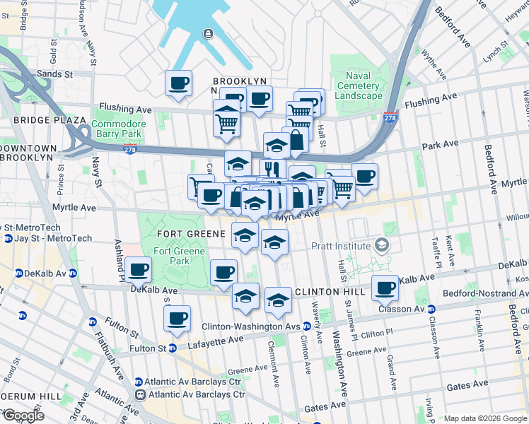 map of restaurants, bars, coffee shops, grocery stores, and more near 132 Clinton Avenue in Brooklyn