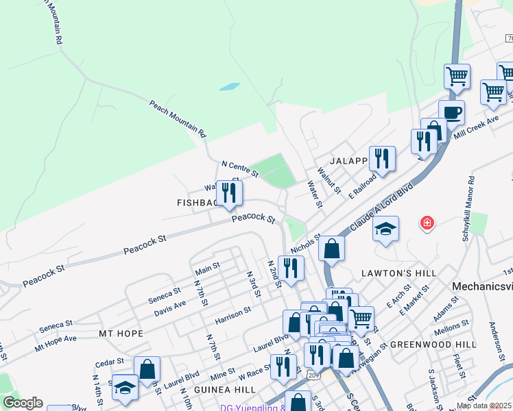 map of restaurants, bars, coffee shops, grocery stores, and more near 143 West Railroad Street in Pottsville