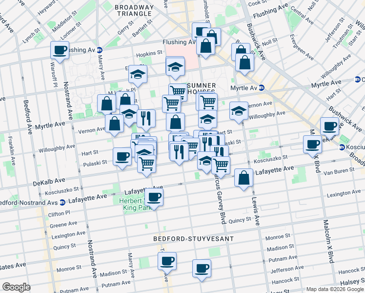 map of restaurants, bars, coffee shops, grocery stores, and more near 299 Throop Avenue in Kings County