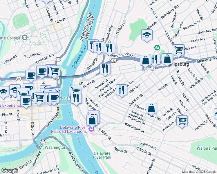 map of restaurants, bars, coffee shops, grocery stores, and more near 105 Bullman Street in Phillipsburg