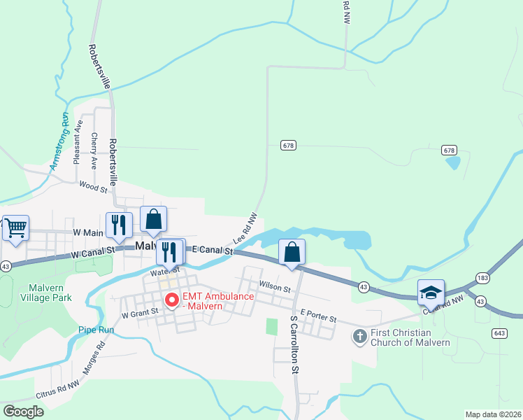 map of restaurants, bars, coffee shops, grocery stores, and more near 8026 Lee Road Northwest in Malvern