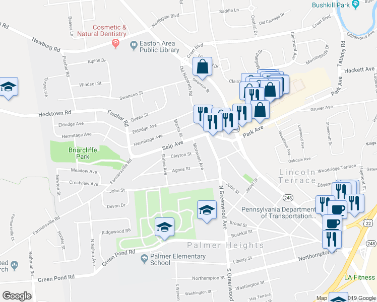 map of restaurants, bars, coffee shops, grocery stores, and more near 2911 Clayton Street in Easton