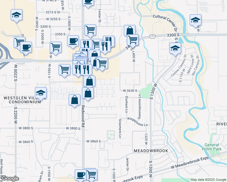 map of restaurants, bars, coffee shops, grocery stores, and more near 1504 Kinloch Way in West Valley City