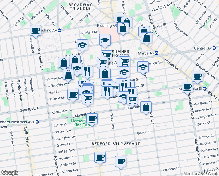map of restaurants, bars, coffee shops, grocery stores, and more near 219 Pulaski Street in Brooklyn
