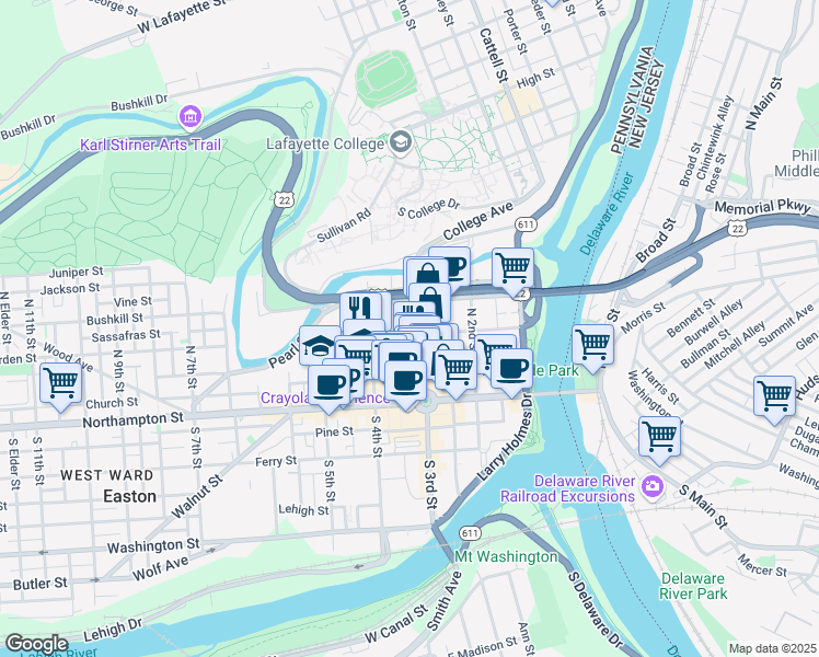 map of restaurants, bars, coffee shops, grocery stores, and more near 119 North Bank Street in Easton
