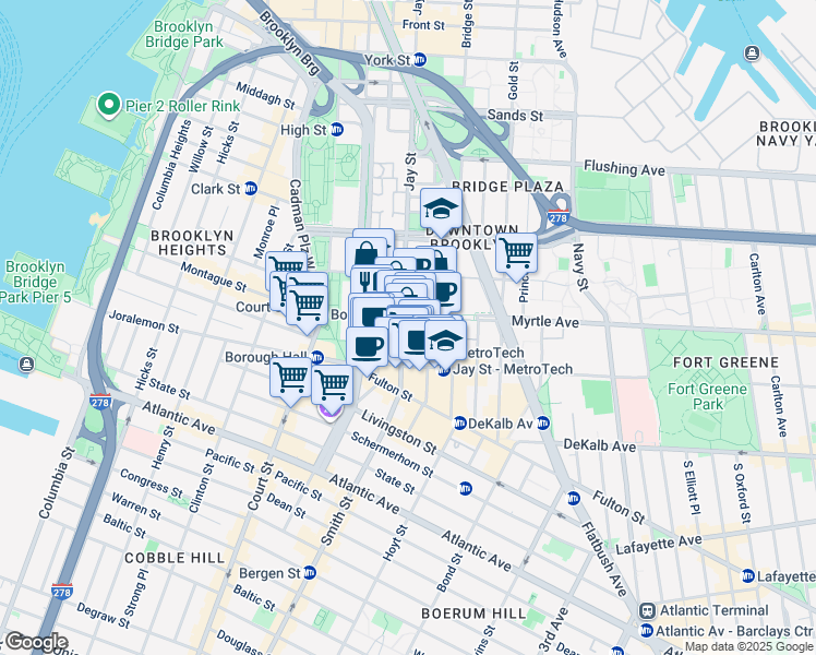 map of restaurants, bars, coffee shops, grocery stores, and more near 100 Myrtle Avenue in Brooklyn
