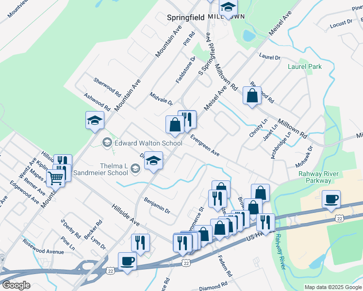 map of restaurants, bars, coffee shops, grocery stores, and more near 591 South Springfield Avenue in Springfield