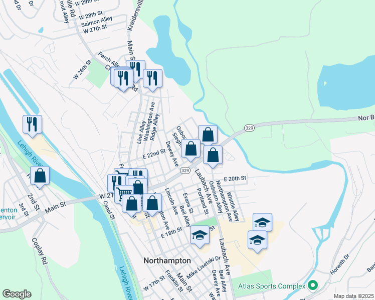 map of restaurants, bars, coffee shops, grocery stores, and more near 2149 Siegfried Avenue in Northampton