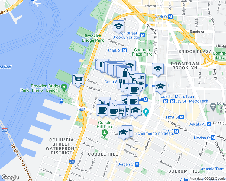 map of restaurants, bars, coffee shops, grocery stores, and more near 245 Henry Street in Brooklyn