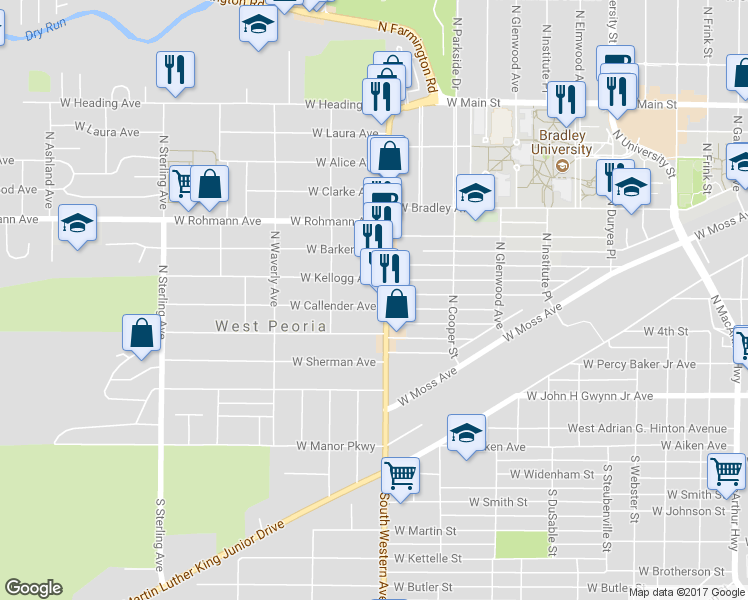 map of restaurants, bars, coffee shops, grocery stores, and more near 1911 West Callender Avenue in West Peoria