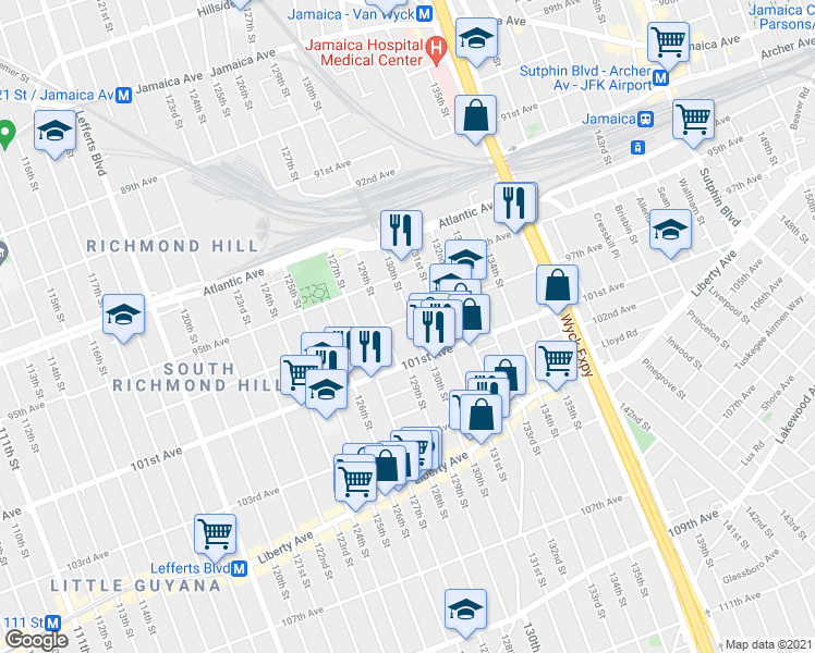 map of restaurants, bars, coffee shops, grocery stores, and more near 129-22 97th Avenue in Queens