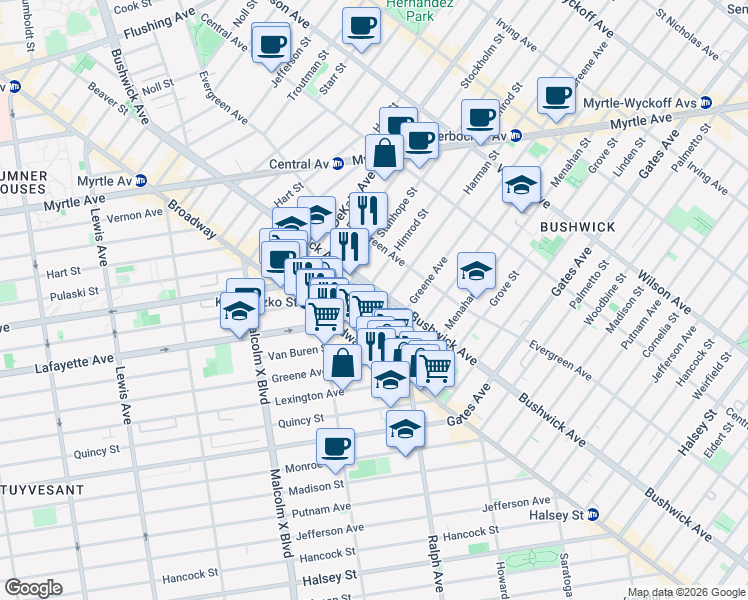 map of restaurants, bars, coffee shops, grocery stores, and more near 1154 Lafayette Avenue in Brooklyn
