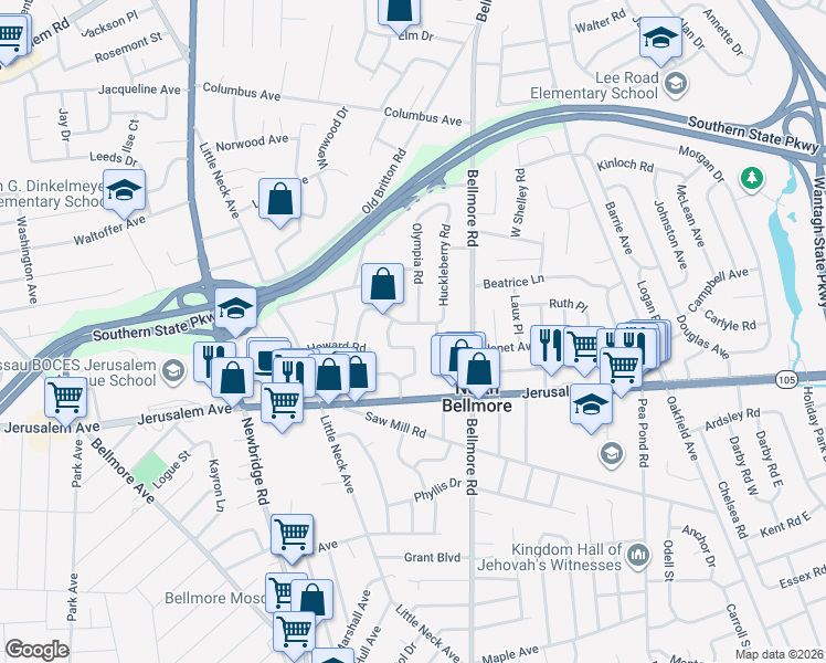map of restaurants, bars, coffee shops, grocery stores, and more near 2600 Elderberry Road in North Bellmore