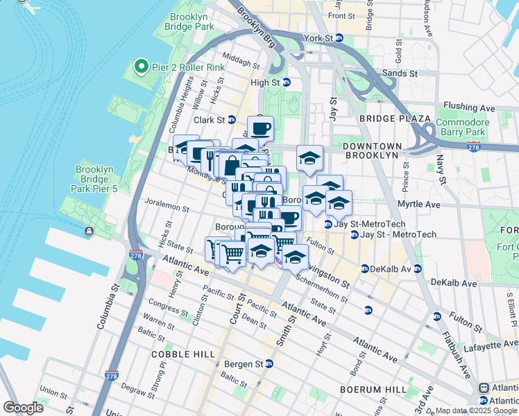 map of restaurants, bars, coffee shops, grocery stores, and more near 175 Remsen Street in Brooklyn