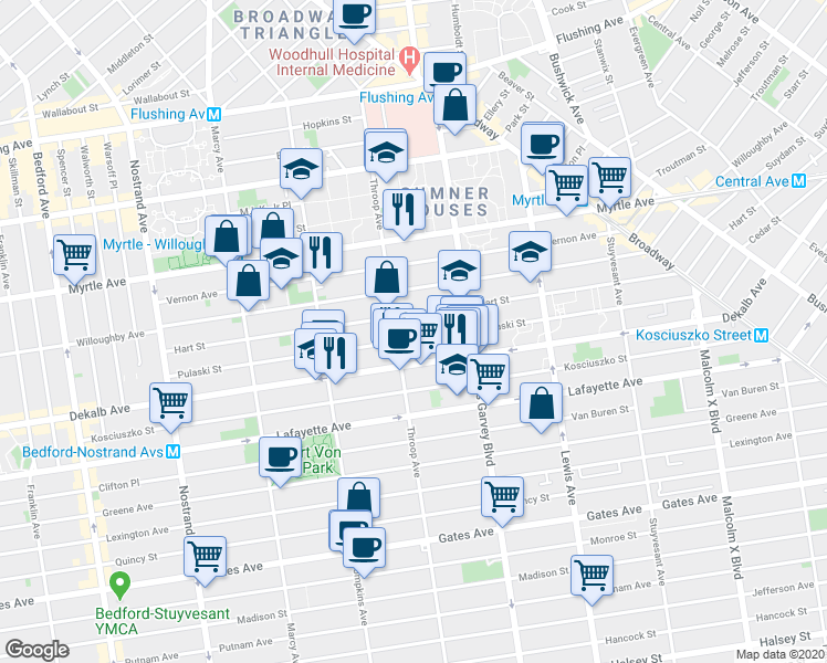 map of restaurants, bars, coffee shops, grocery stores, and more near 223 Pulaski Street in Brooklyn