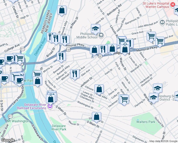 map of restaurants, bars, coffee shops, grocery stores, and more near 87 Glen Avenue in Phillipsburg