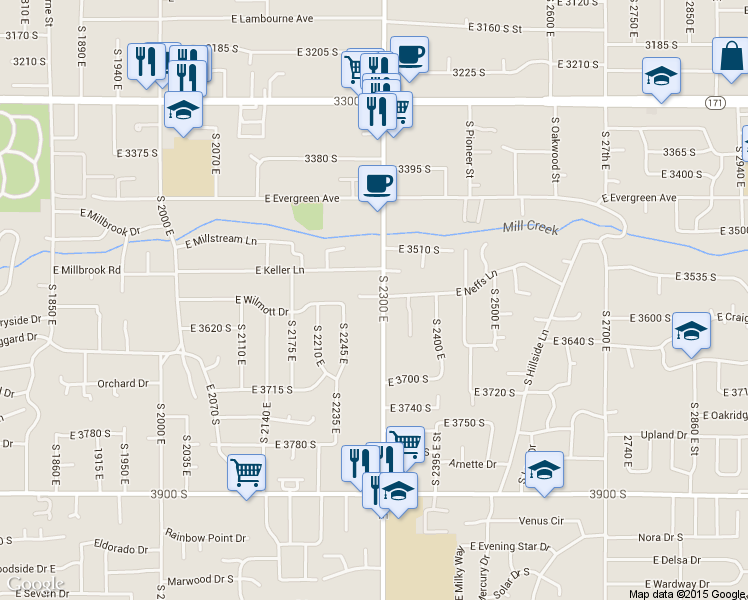 map of restaurants, bars, coffee shops, grocery stores, and more near 3590 South 2300 East in Salt Lake City