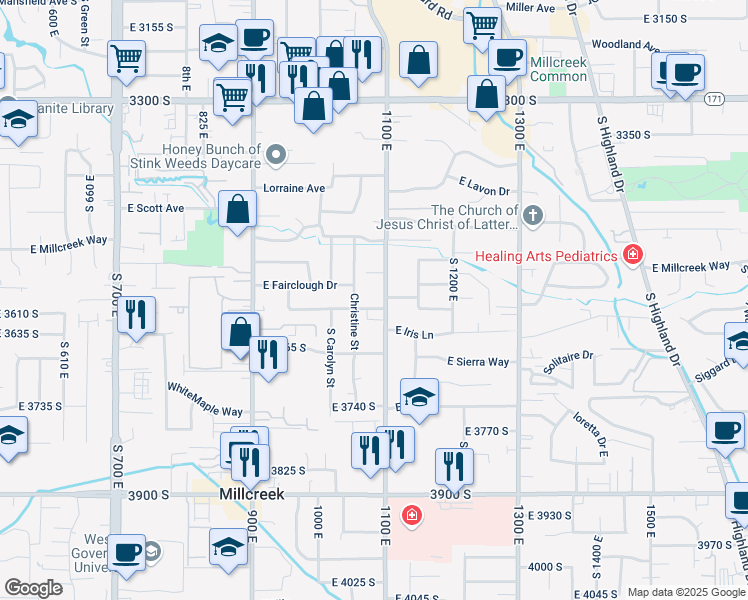 map of restaurants, bars, coffee shops, grocery stores, and more near 3577 Christine Street in Millcreek